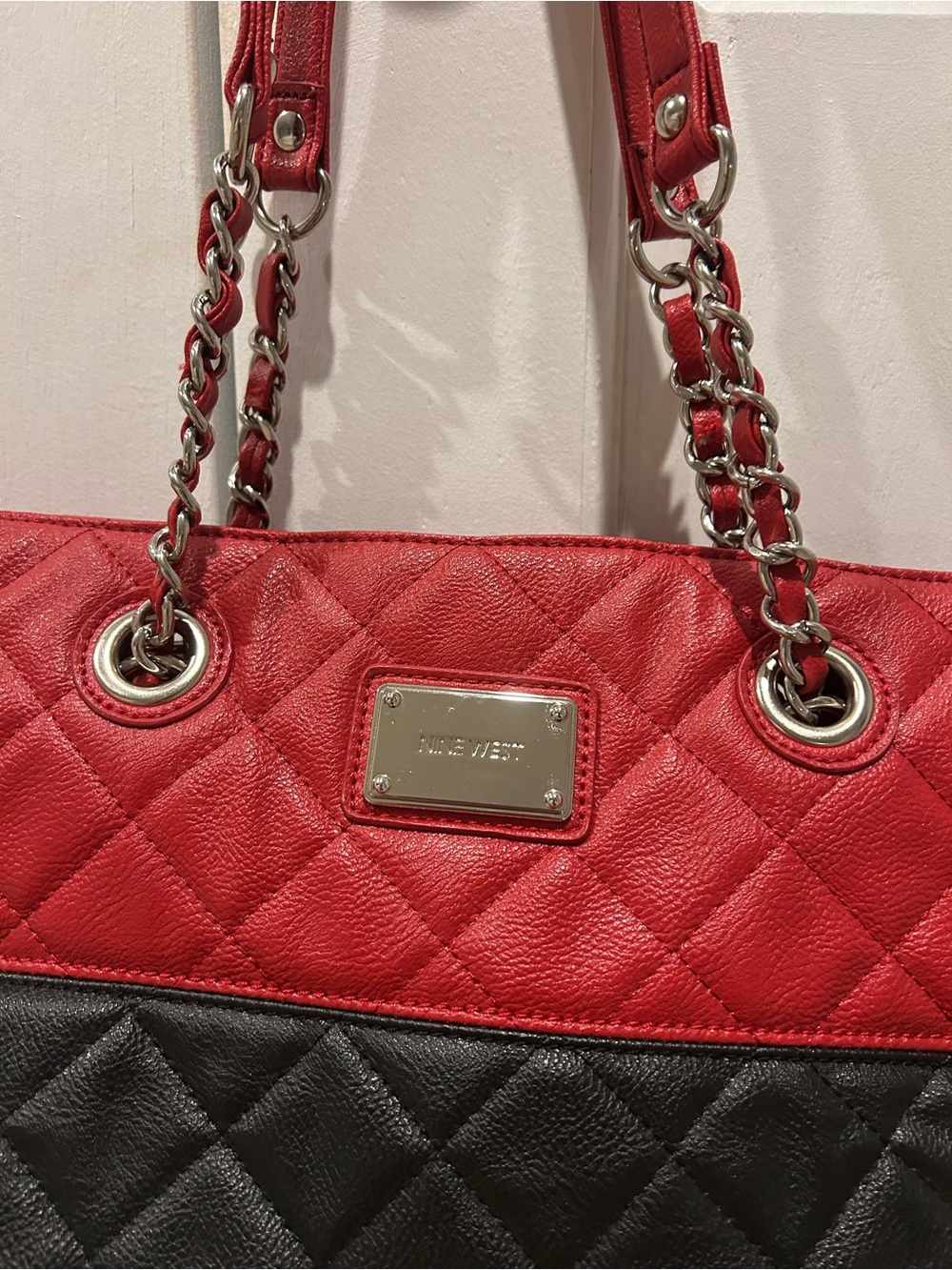Nine West Red and Black Quilted Shoulder Tote with Chain Straps - Picture 2 of 4